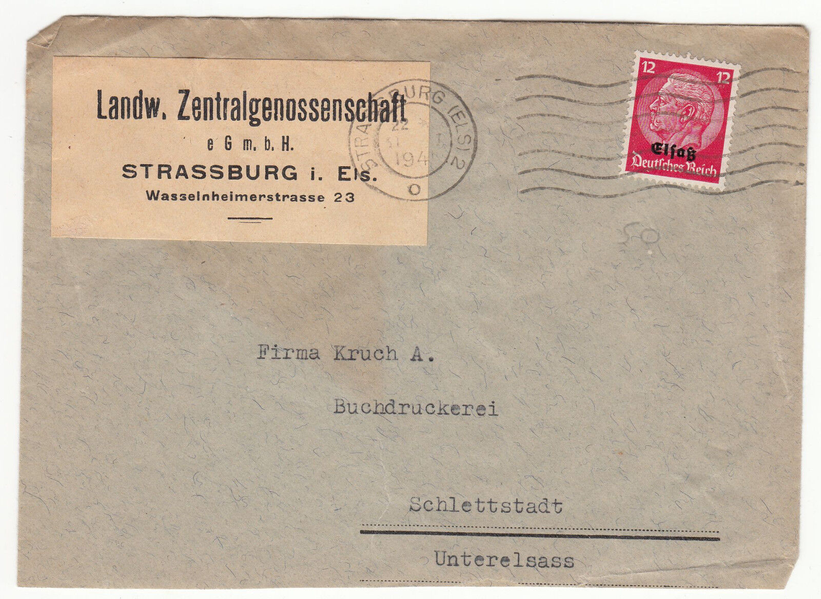 LETTRE PUBLICITAIRE STRASSBURG POUR SCHLETTSTADT 1941 ALLEMAGNE OCCUPATION 401462370608