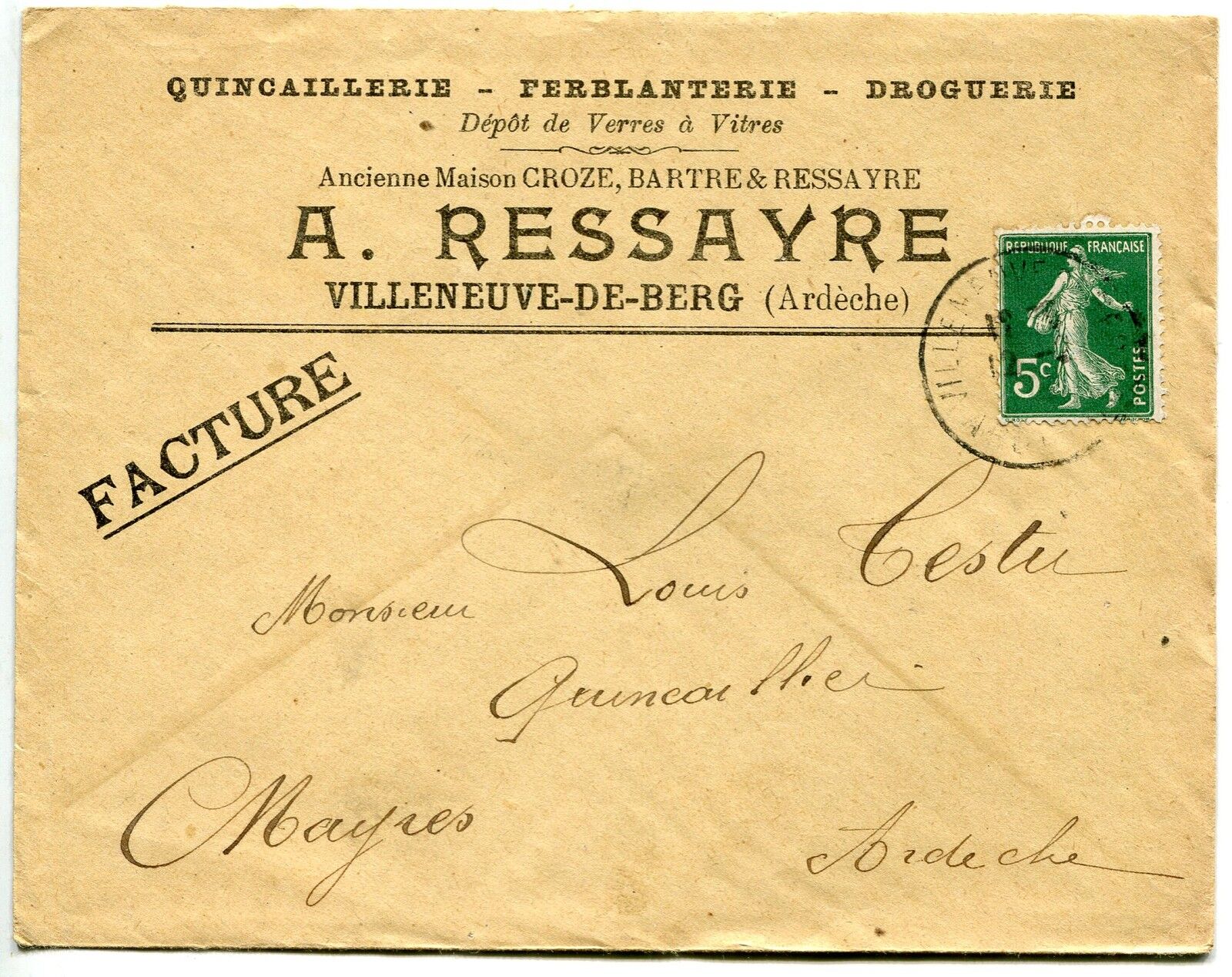 LETTRE PUBLICITAIRE VILLENEUVE DE BERG MAYRES 1912 TIMBRE SEMEUSE N137 121451088328