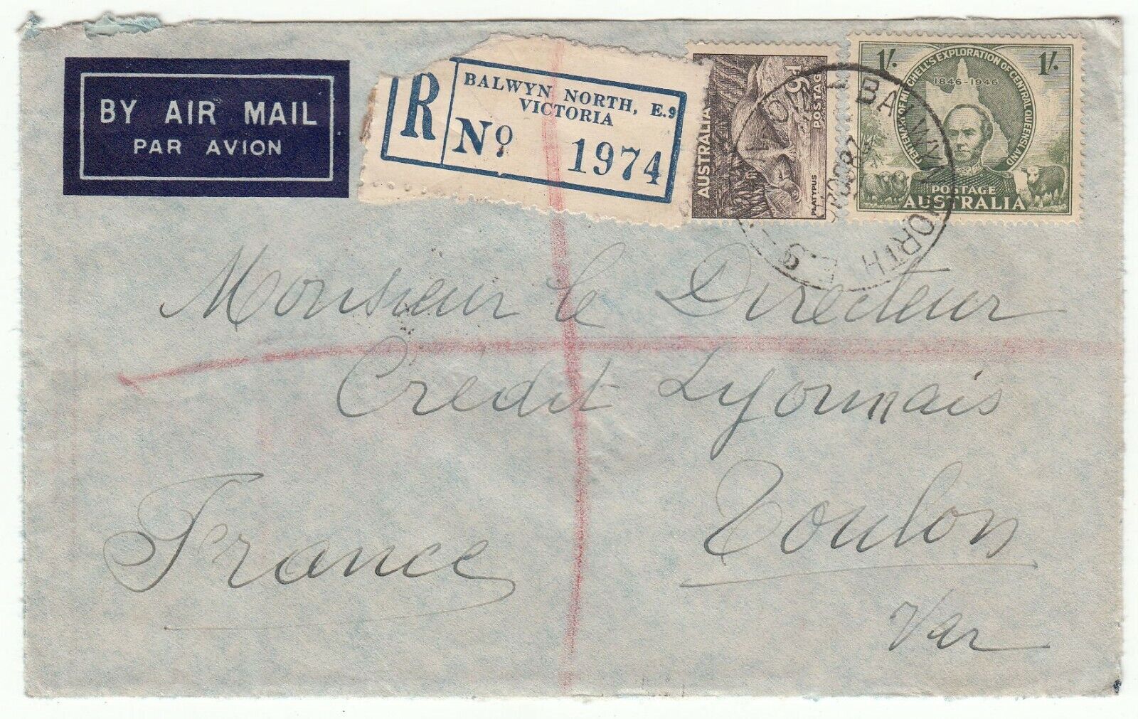 LETTRE RECOMMANDE AUSTRALIE BALWYN NORTH VICTORIA TOULON 1946 CREDIT LYONNAIS 123748337208