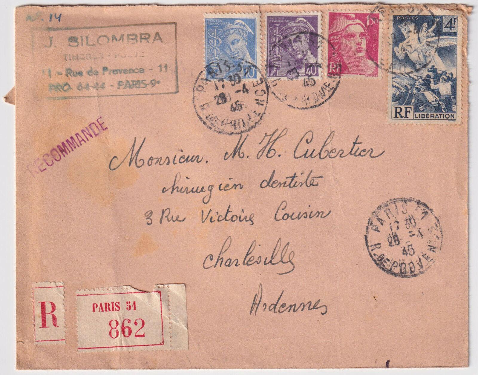 LETTRE RECOMMANDEE PARIS RUE DE PROVENCE 1945 POUR CHARLEVILLE 124809468128