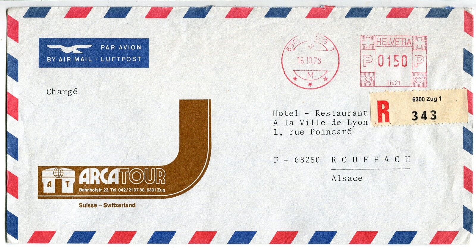 LETTRE SUISSE POUR ROUFFACH ALSACE RECOMMANDE PAR AVION LUFTPOST 400678765988