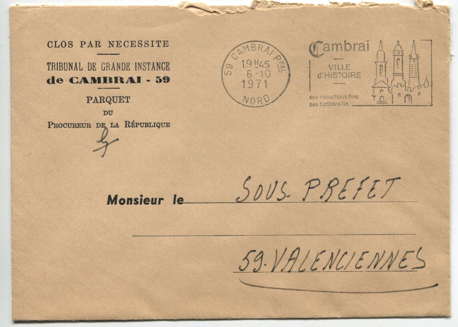 LETTRE TRIBUNAL DE CAMBRAI POUR LA SOUS PREFECTURE VALENCIENNES 1971 FLAMME 110855139618