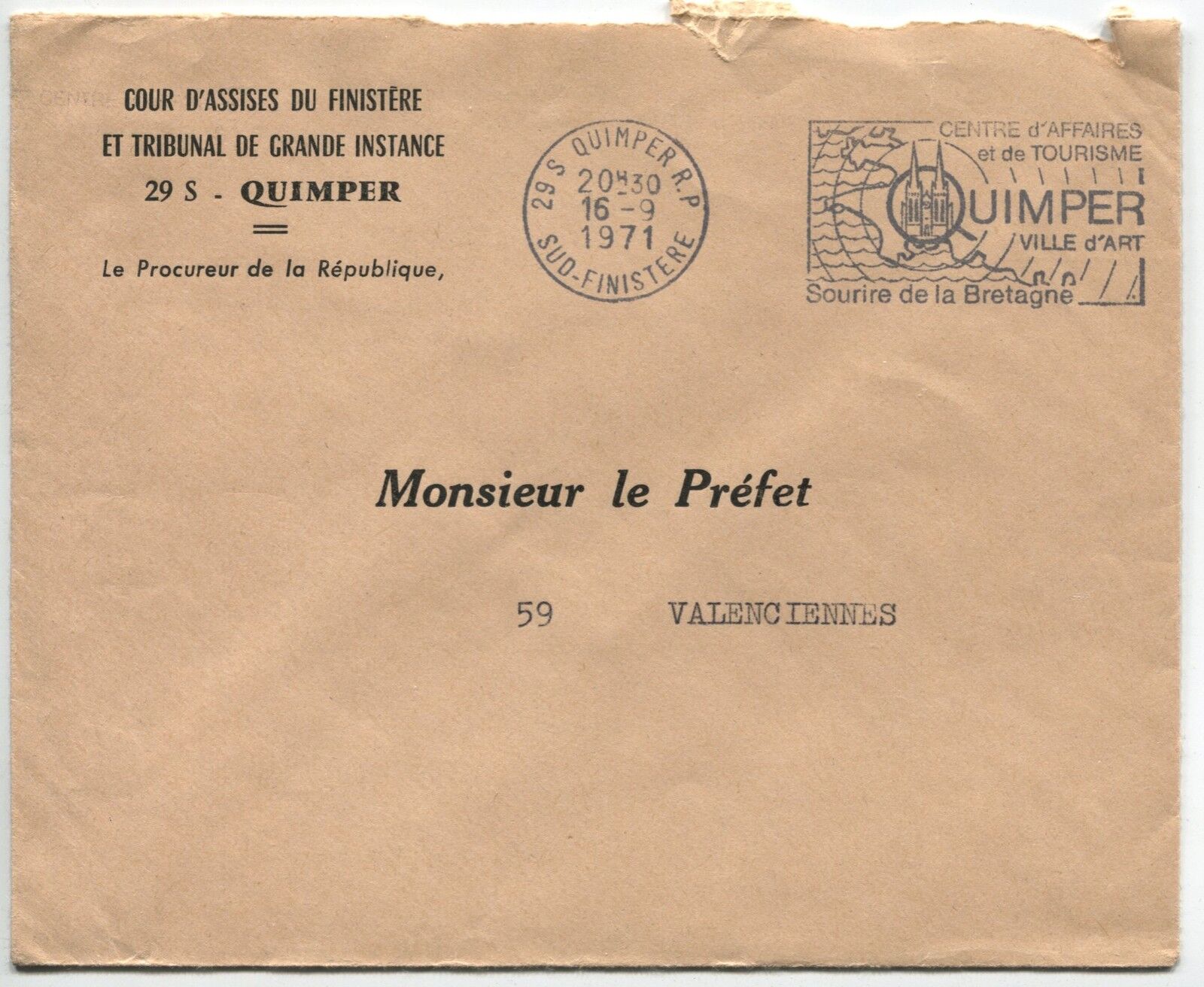 LETTRE TRIVUNAL DE QUIMPER POUR LE PREFET VALENCIENNES 1971 FLAMME 110855135798