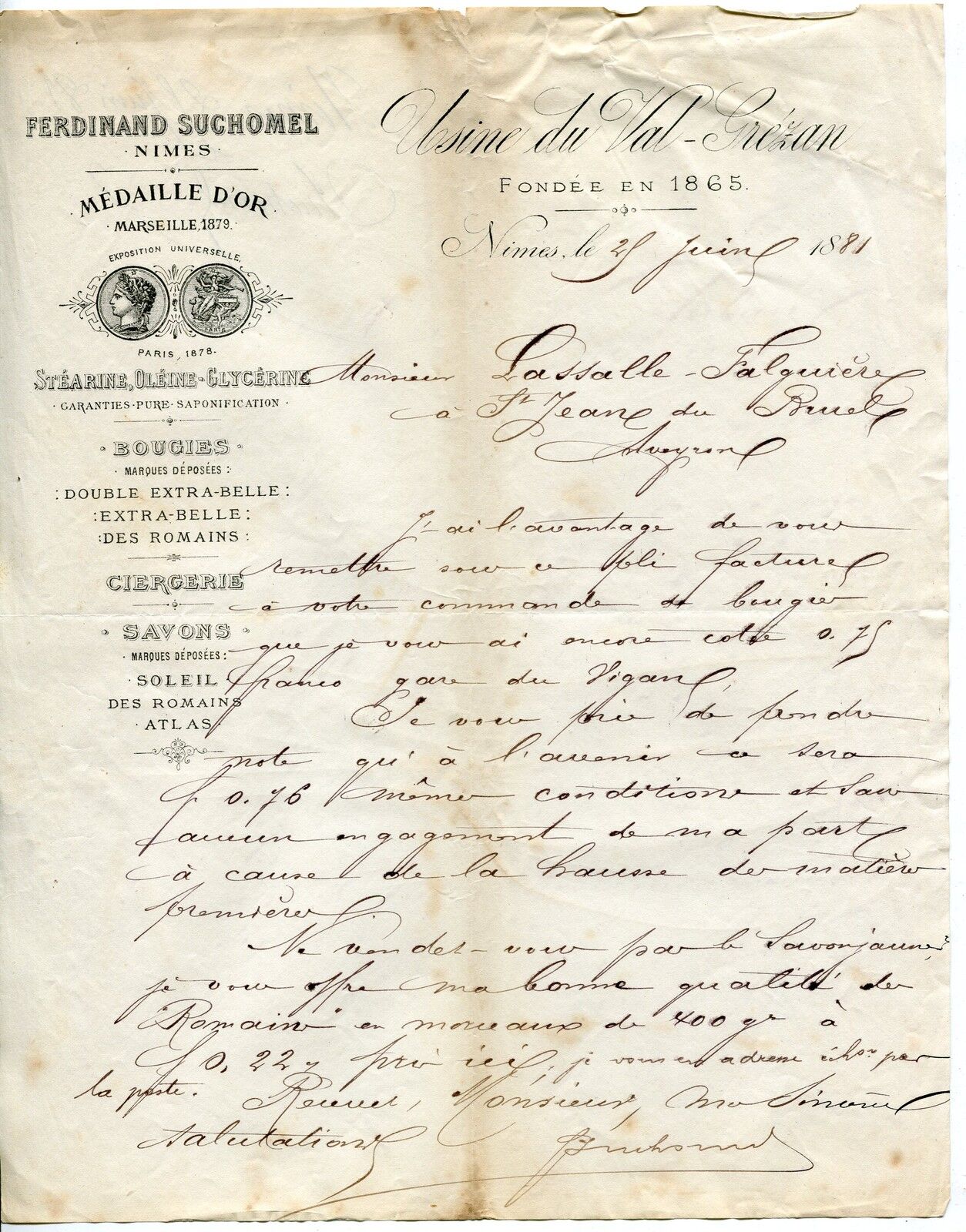 LETTRE USINE DU VAL CREZAN FERDINAND SUCHOMEL BOUGIE SAVON 1881 400765256138