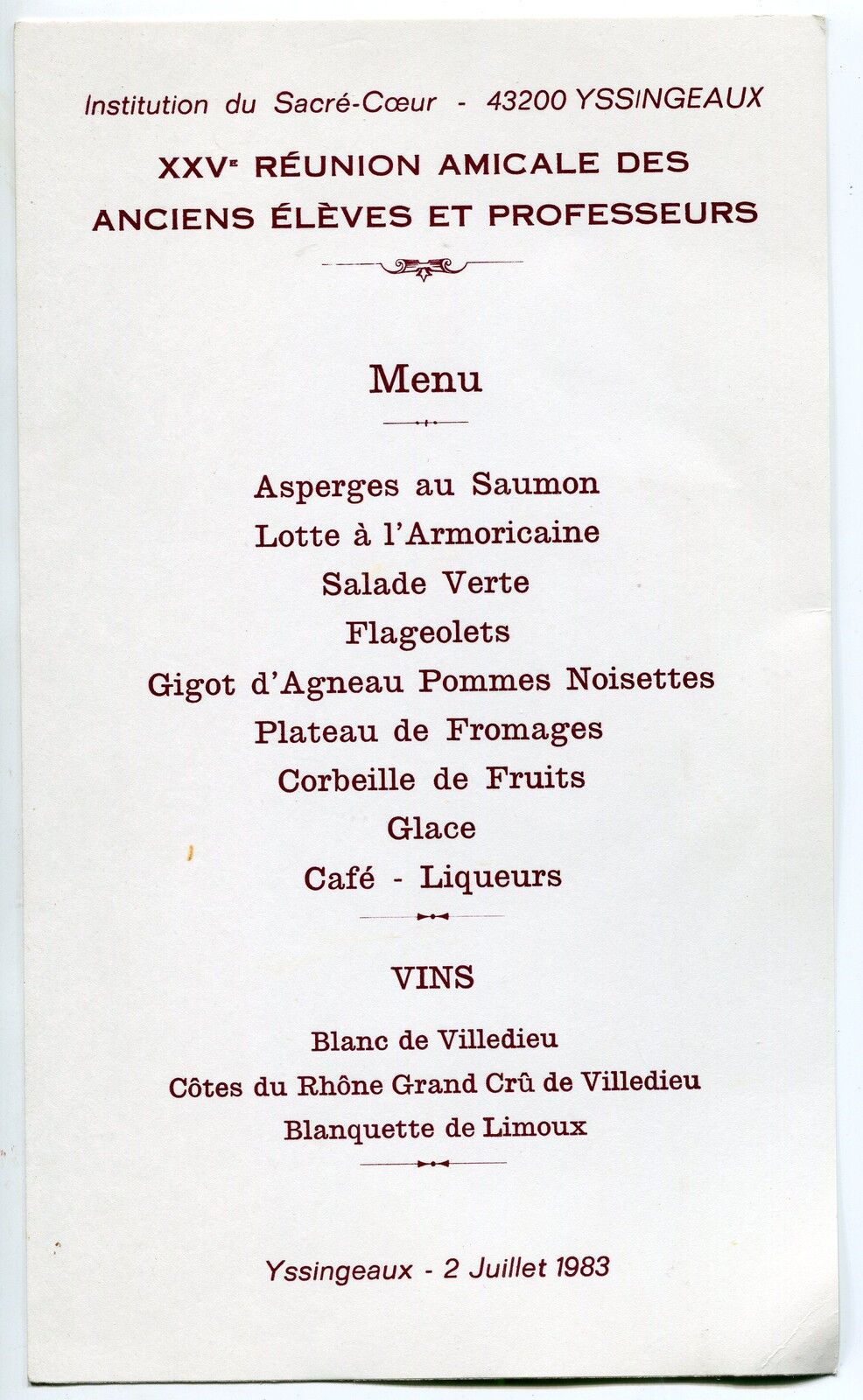 MENU 15 REUNION AMICALE 1983 YSSINGEAUX INSTITUTION DU SACRE COEUR 400765252728