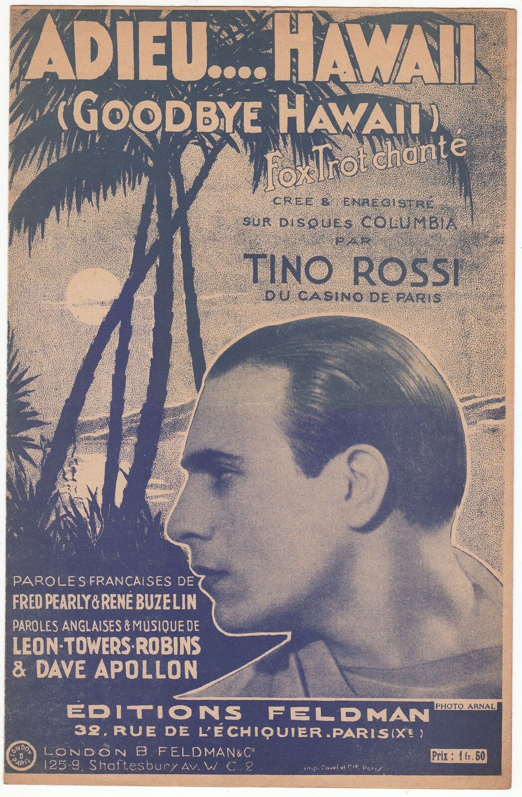 PARTITION ANCIENNE ADIEU HAWAII TINO ROSSI 401071729628