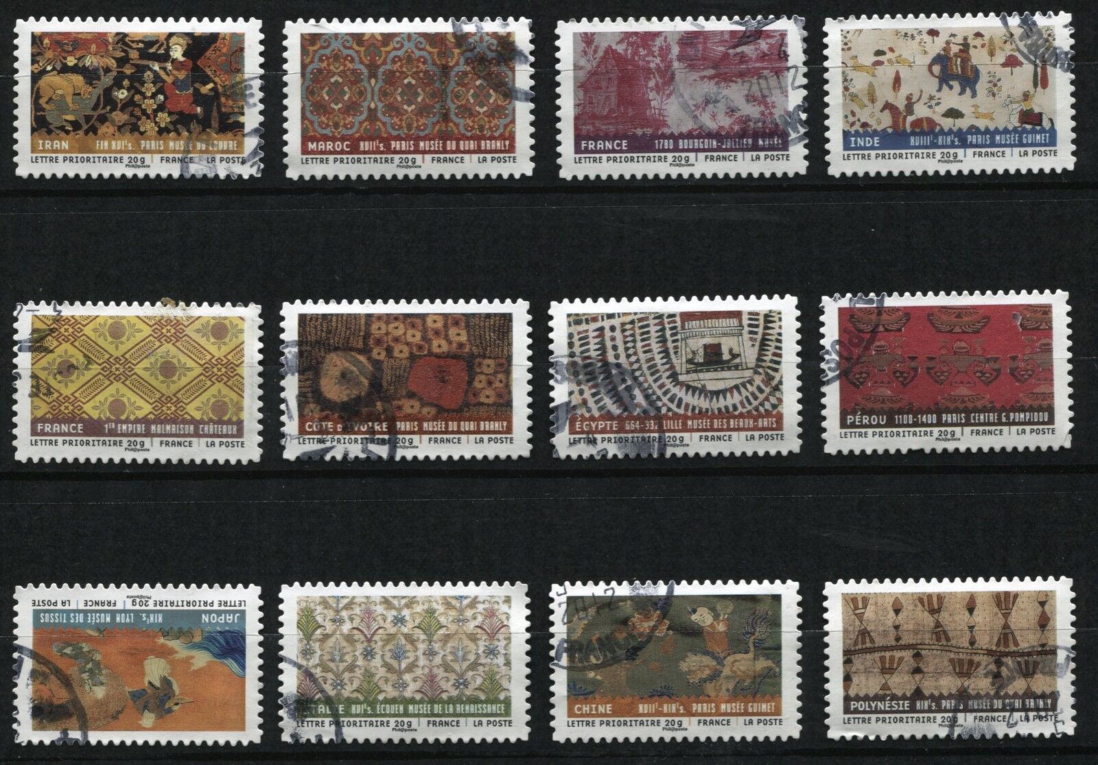 SERIE DES 12 TIMBRES OBLITERES DU CARNET DES TISSUS DU MONDE 2011 110861305648