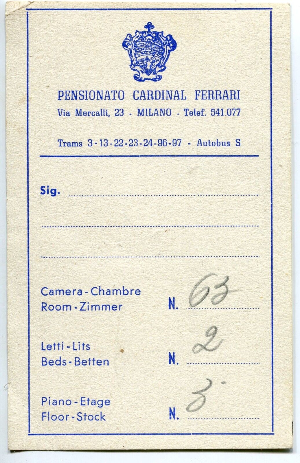 TICKET PENSIONATO CARDINAL FERRARI MILANO 400744324768