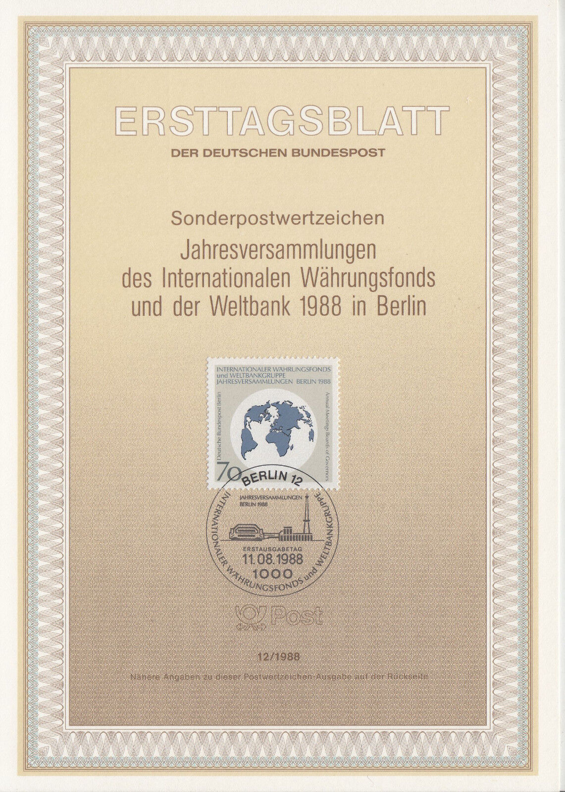 TIMBRE FDC ALLEMAGNE BERLIN OBL ERSTTAGSBLATT BANQUE MONDIALE 1988 401233126998