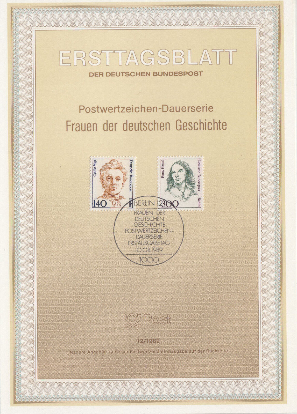 TIMBRE FDC ALLEMAGNE BERLIN OBL ERSTTAGSBLATT CECILE VOGT ET FANNY HENSEL 1989 401233101918