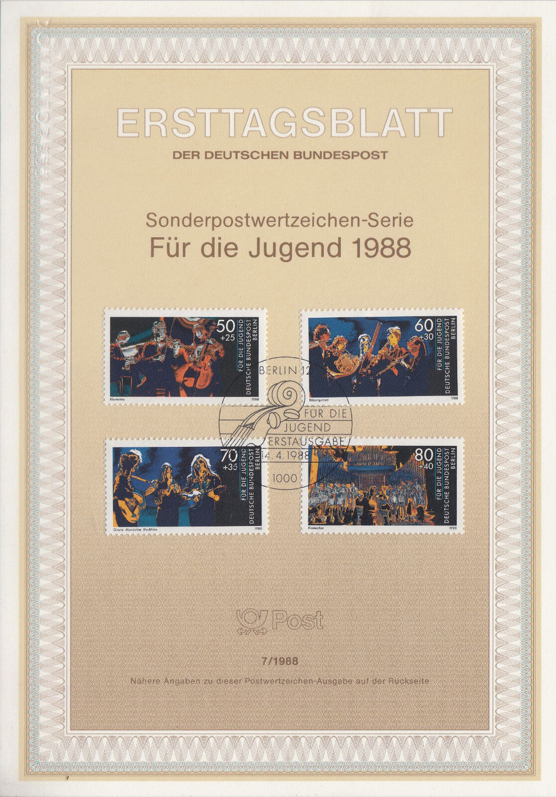 TIMBRE FDC ALLEMAGNE BERLIN OBL ERSTTAGSBLATT LA MUSIQUE ET LES JEUNES 1988 401233116738