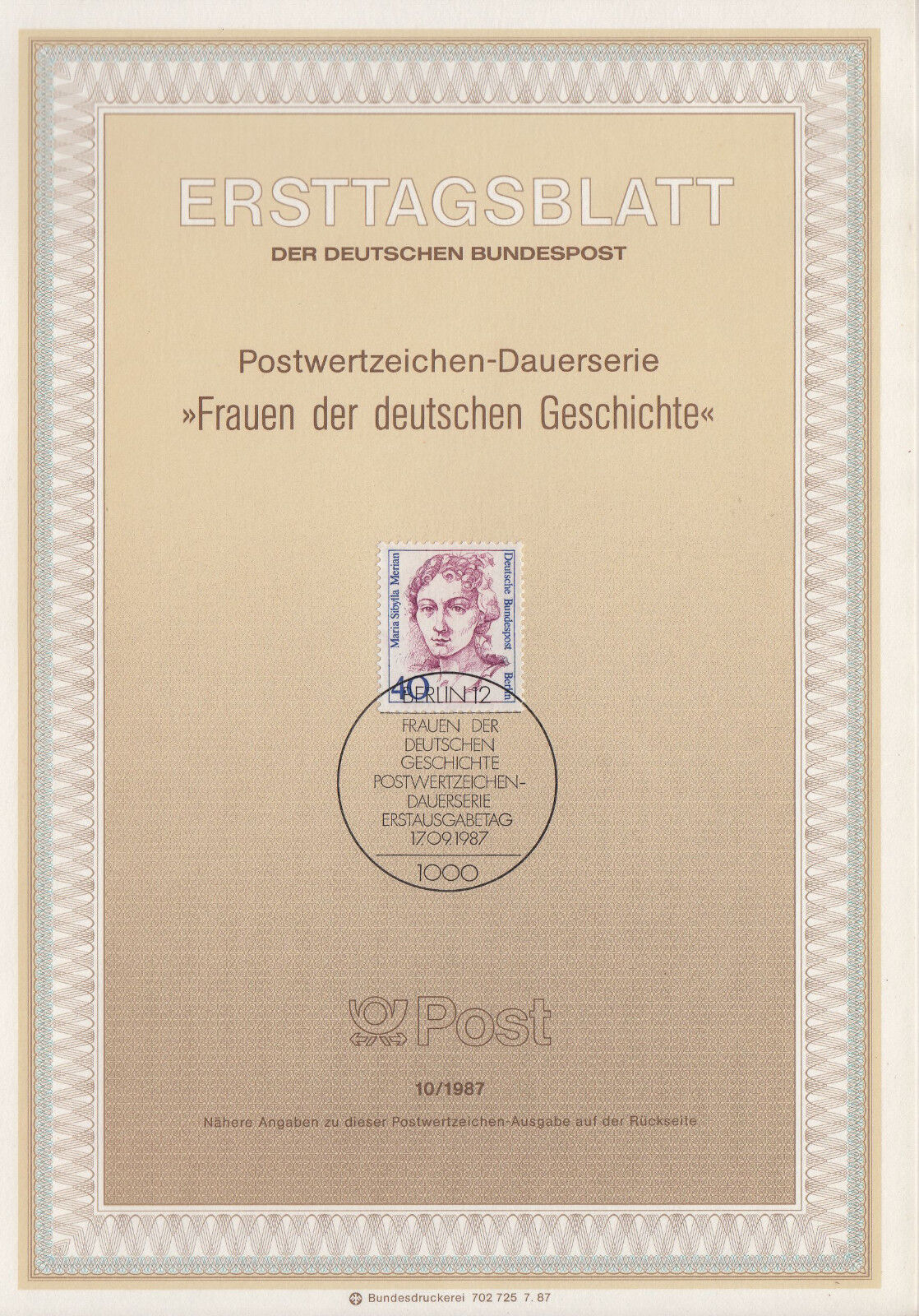 TIMBRE FDC ALLEMAGNE BERLIN OBL ERSTTAGSBLATT MARIA SIBYLLA MERIAN 1987 401234160788