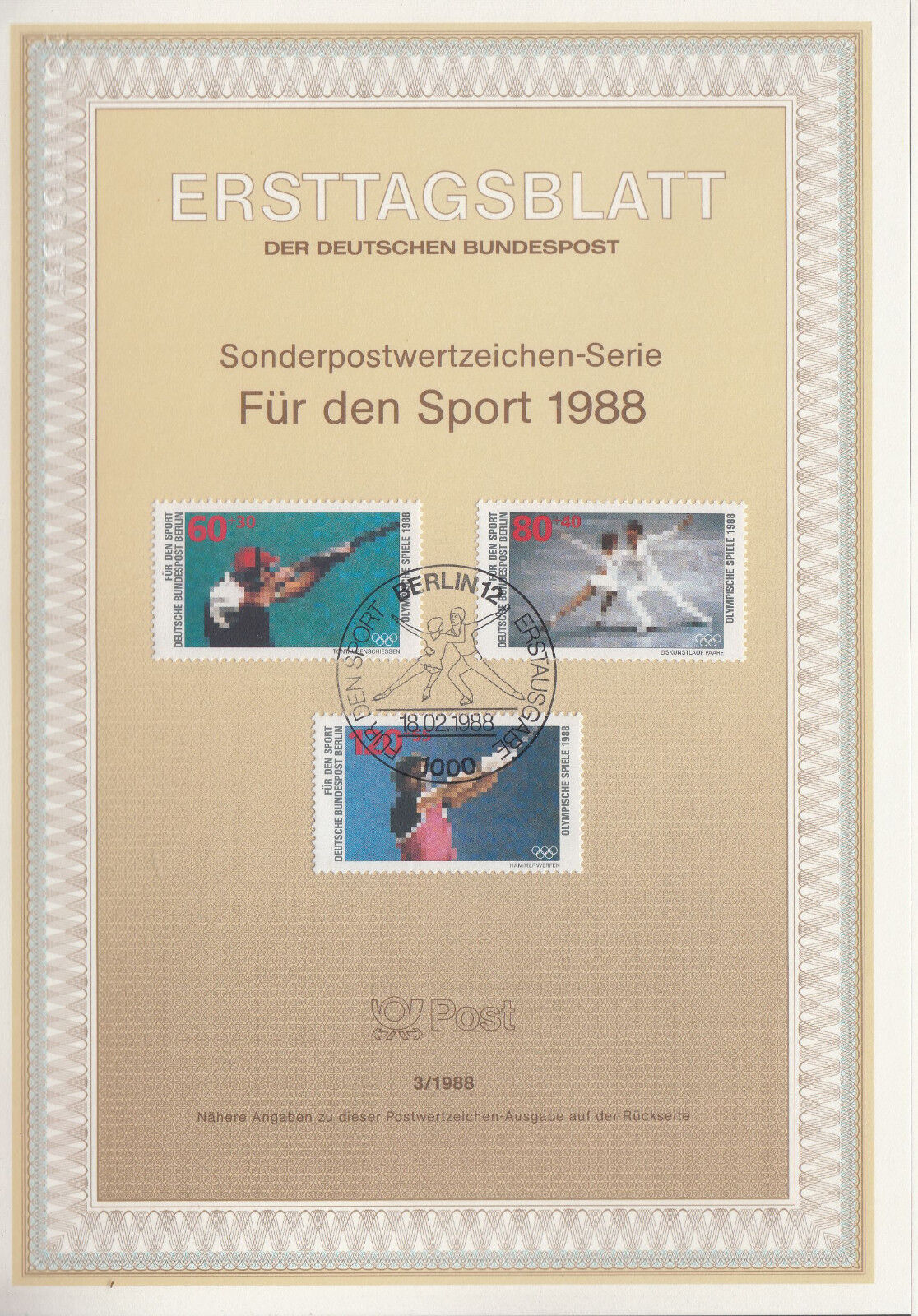 TIMBRE FDC ALLEMAGNE BERLIN OBL ERSTTAGSBLATT TIR PATINAGE LANCER JO 1988 401233115198