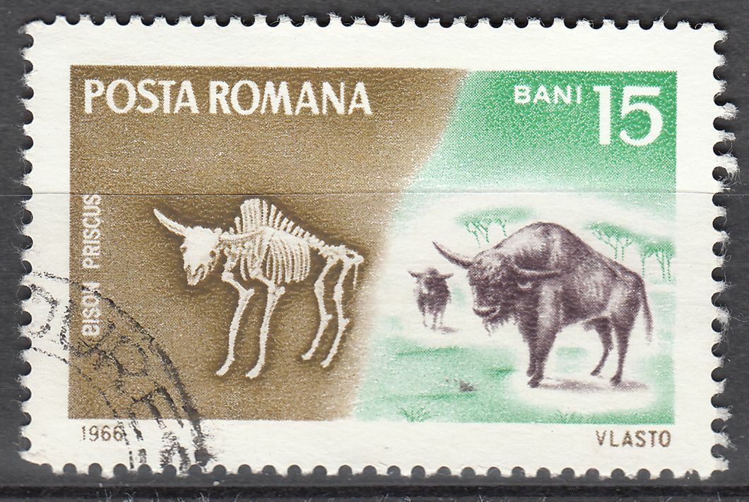 TIMBRE ROUMANIE OBL N 2269 ANIMAUX PREHISTORIQUES BISON 124008202088