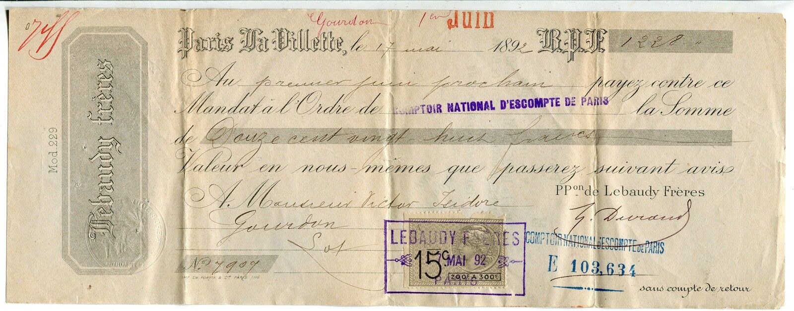 TRAITE 1892 LEBAUDY FRERES PARIS LA VILLETTE TIMBRE FISCAL 121488869118