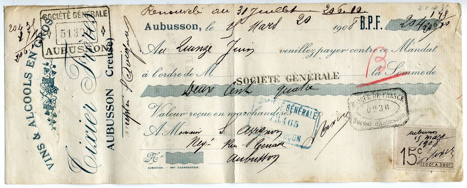 TRAITE 1908 VINS ET ALCOOLS EN GROS TIXIER FRERES AUBUSSON TIMBRE FISCAL 400738481148