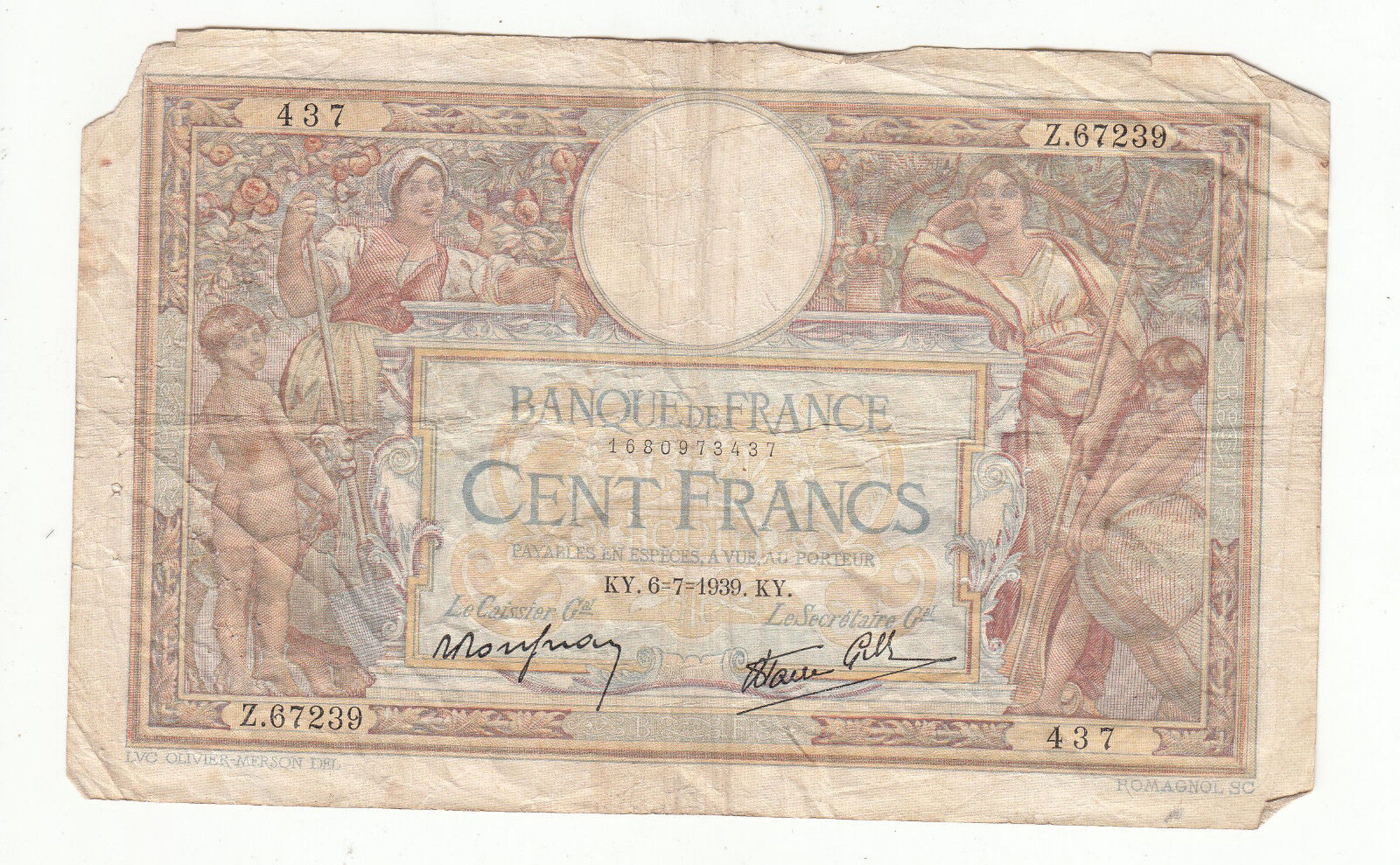 BILLET FRANCE 100 FRANCS MERSON 6 7 1939 KY 401291210049