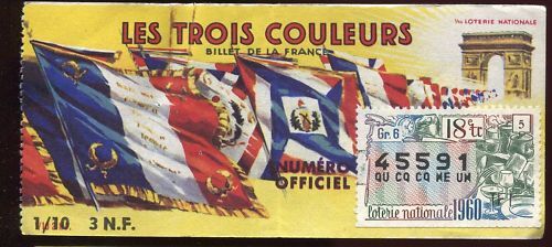 BILLET LOTERIE TROIS COULEURS TIMBRE COUVERT CUISINE 110651109789