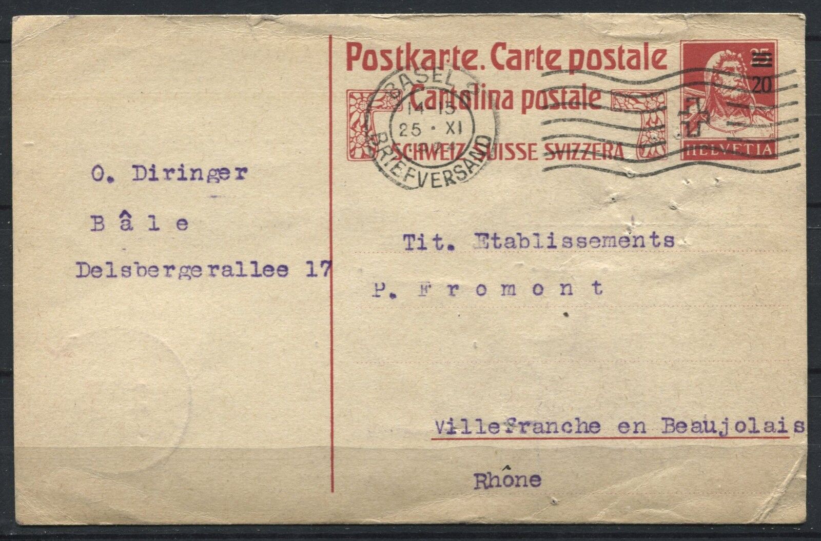 CARTE ENTIER POSTALE BAZEL SUISSE POUR VILLEFRANCE EN BEAUJOLAIS 1924 A ETUDIER 110852717559