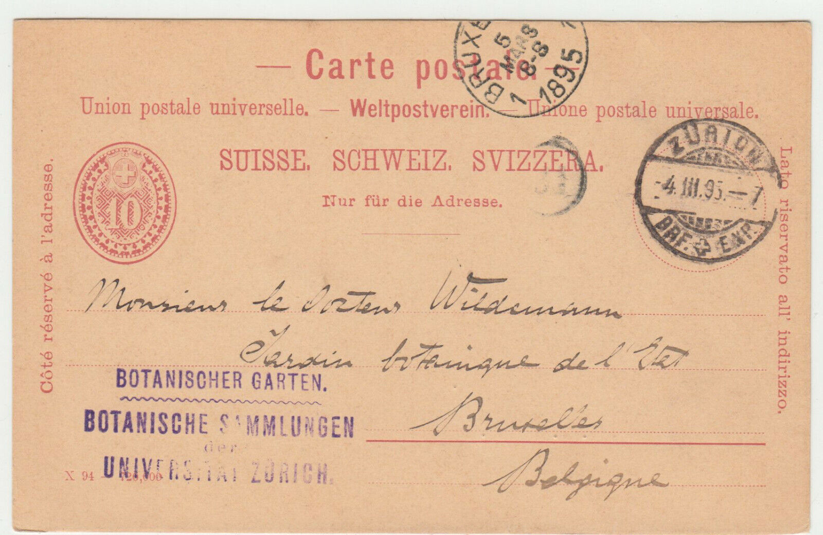 CARTE ENTIER POSTALE SUISSE 1895 ZURICH POUR BRUXELLES 124710084839