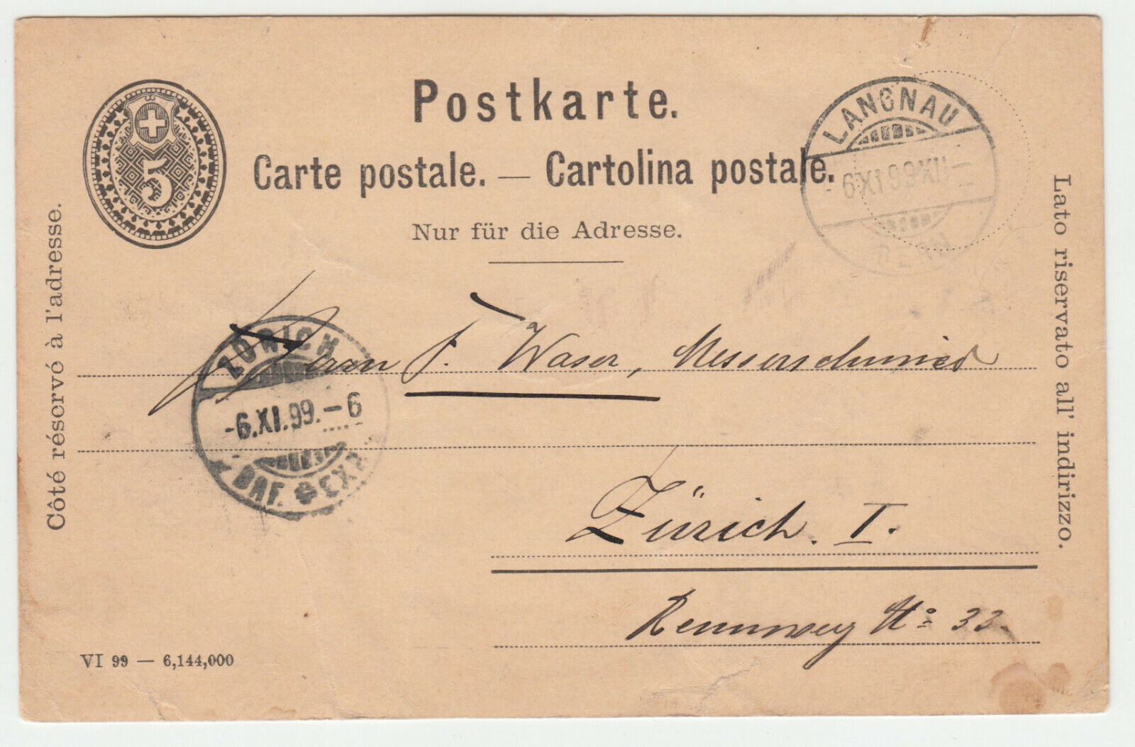 CARTE ENTIER POSTALE SUISSE 1899 LANGNAU POUR ZURICH 402824626889