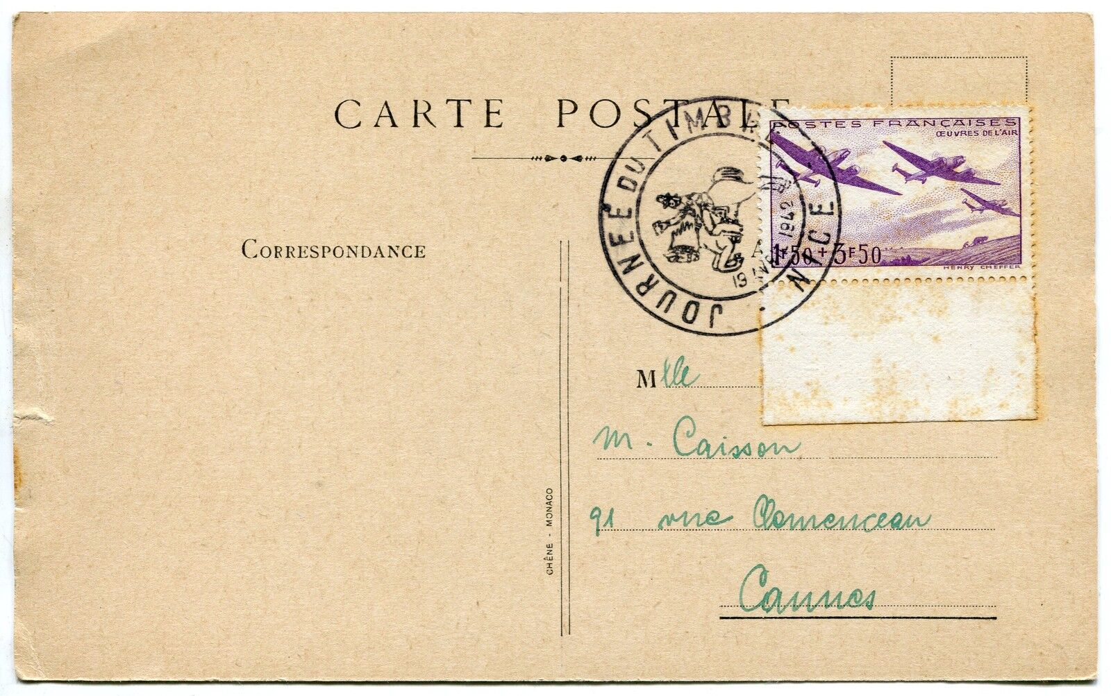 CARTE MAXIMUM 1942 JOURNEE DU TIMBRE NICE 19 avril 121003311379