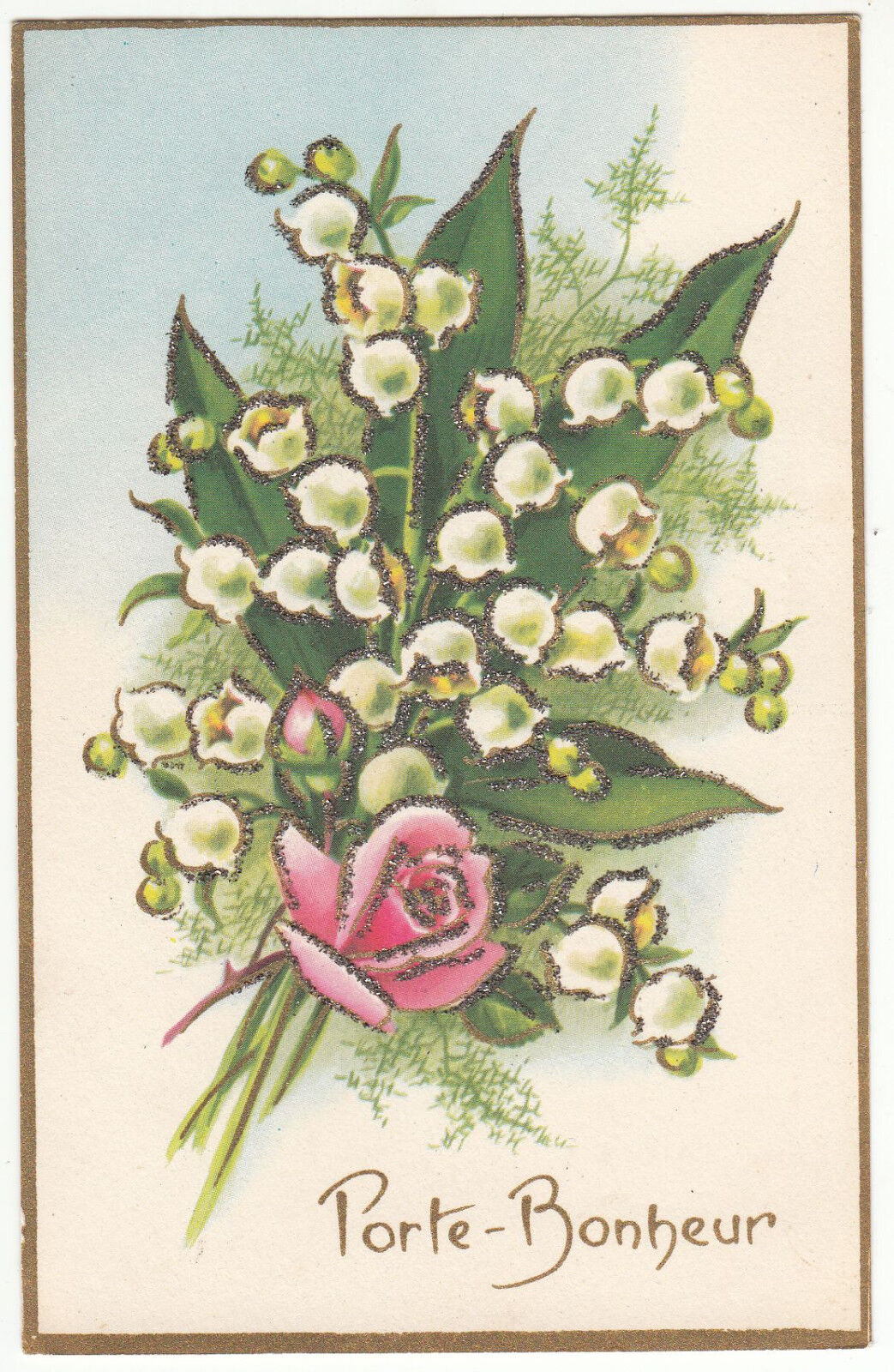 CARTE POSTALE FANTAISIE PORTE BONHEUR MUGUET PAILLETTE 122664061319