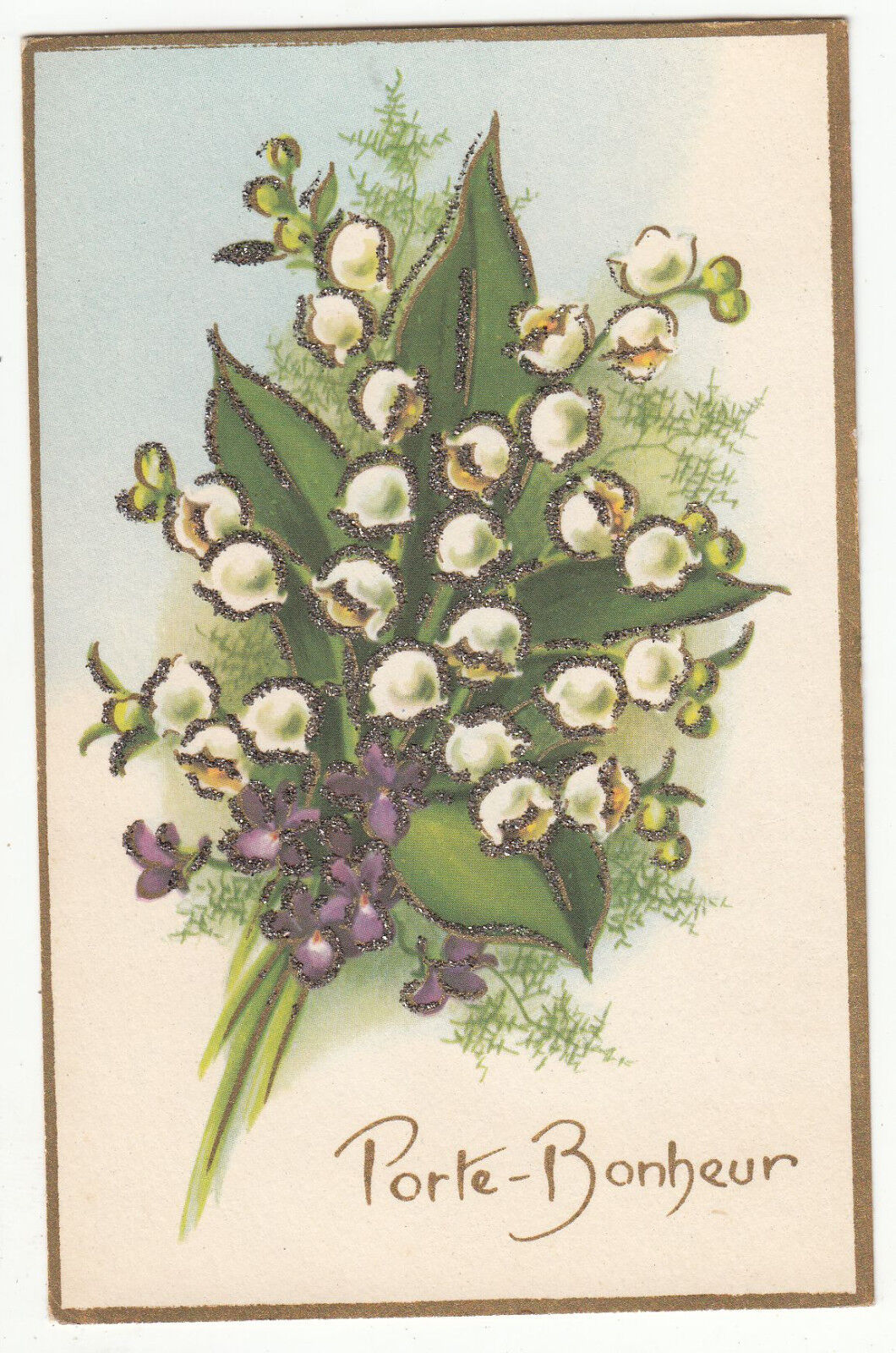 CARTE POSTALE FANTAISIE PORTE BONHEUR MUGUET PAILLETTE 122664061589