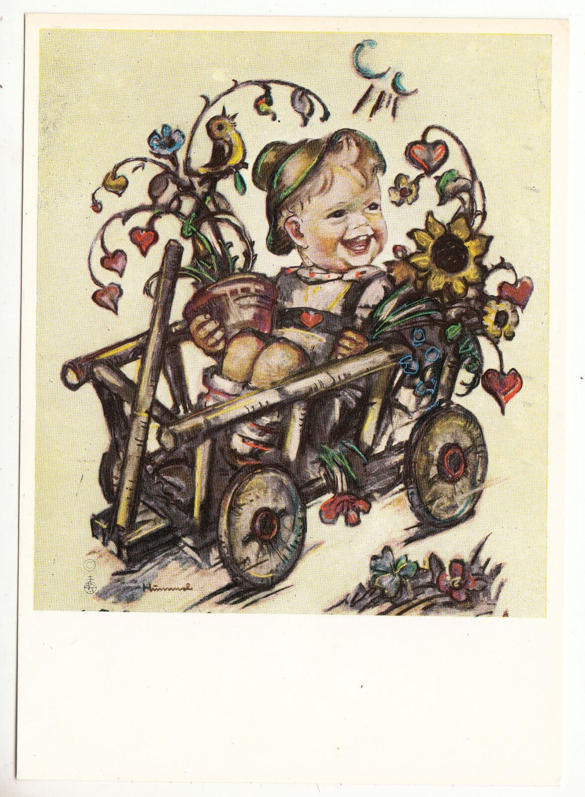 CARTE POSTALE ILLUSTRATEUR HUMMEL N° 5944 ENFANT DANS UN CHARIOT DE BOIS