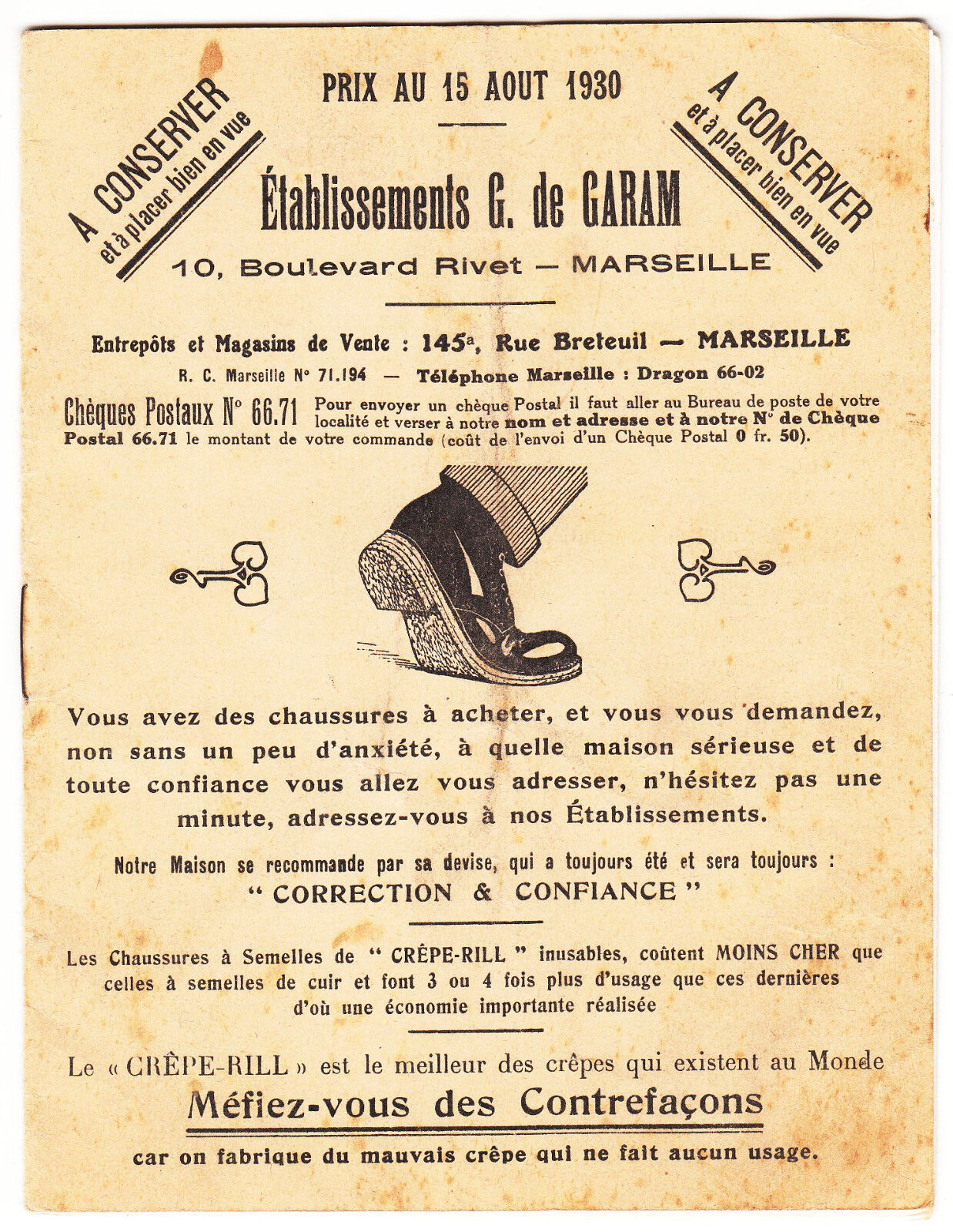 CATALOGUE CHAUSSURE G DE GARAM AOUT 1930 MARSEILLE