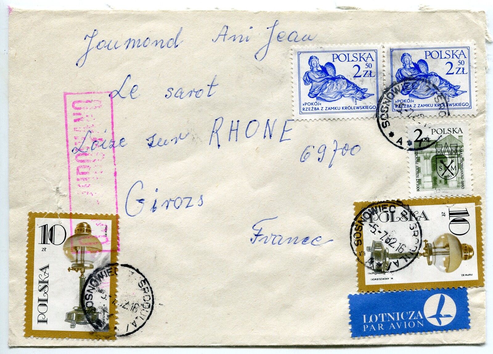 CENSURE CENSOR LETTRE RODAKANSKIEGO POLOGNE GIZORS FRANCE 1982 PAR AVION 400731684469