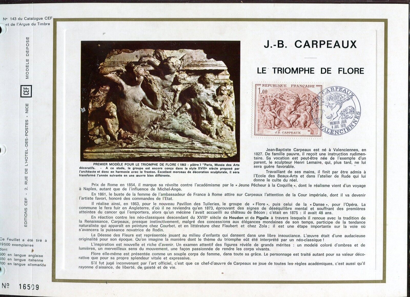 DOCUMENT CEF PREMIER JOUR 1970 TIMBRE N 1641 LE TRIOMPHE DE FLORE CARPEAUX 121514812489