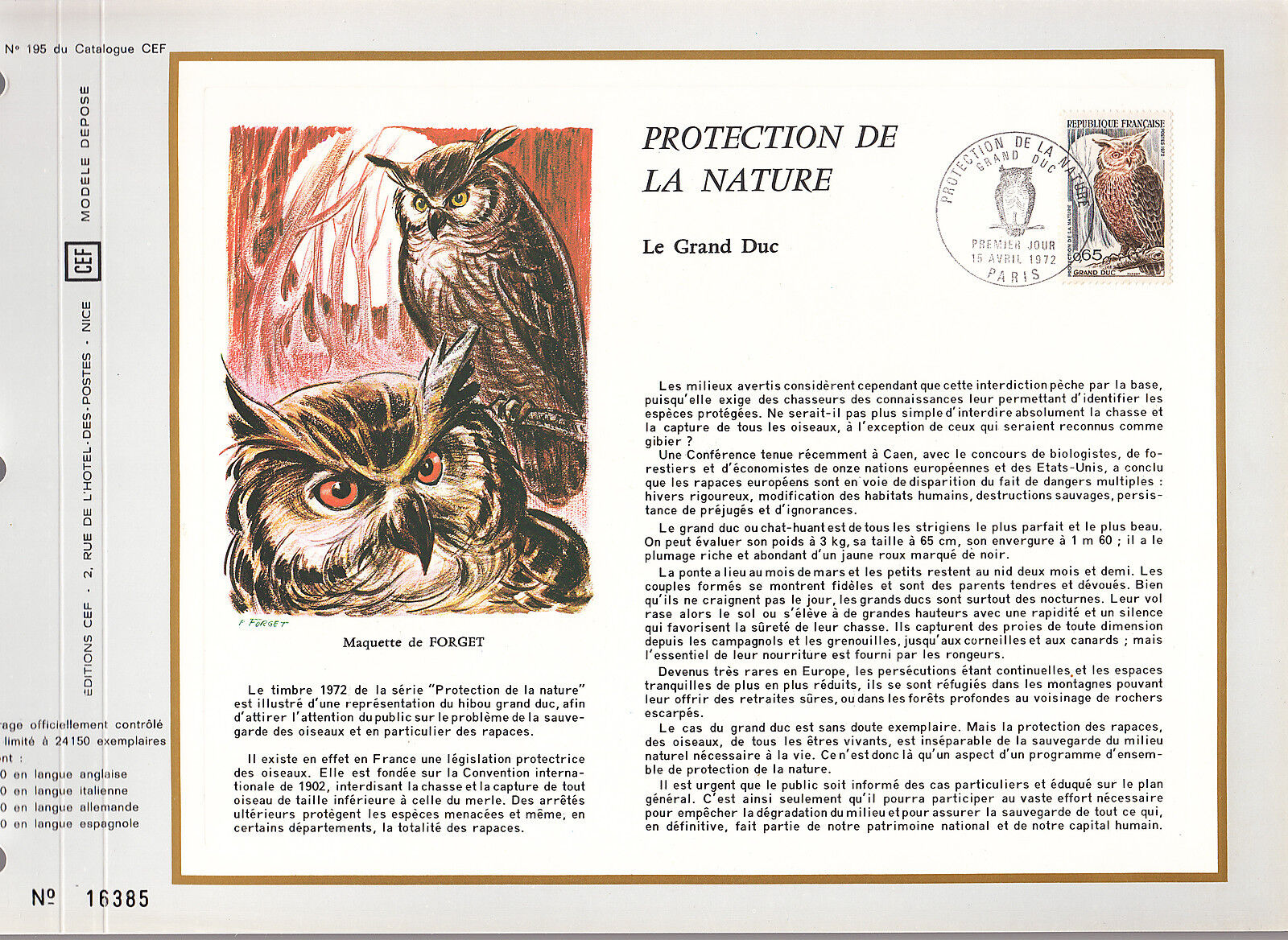 DOCUMENT CEF PREMIER JOUR 1972 PROTECTION DE LA NATURE GRAND DUC 121072658049