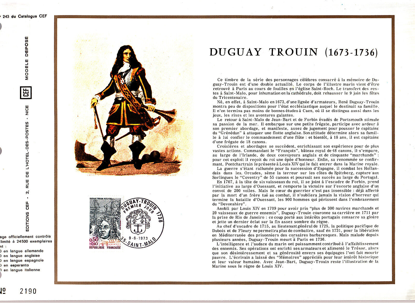 DOCUMENT CEF PREMIER JOUR 1973 DUGUAY TROUIN 121072661929