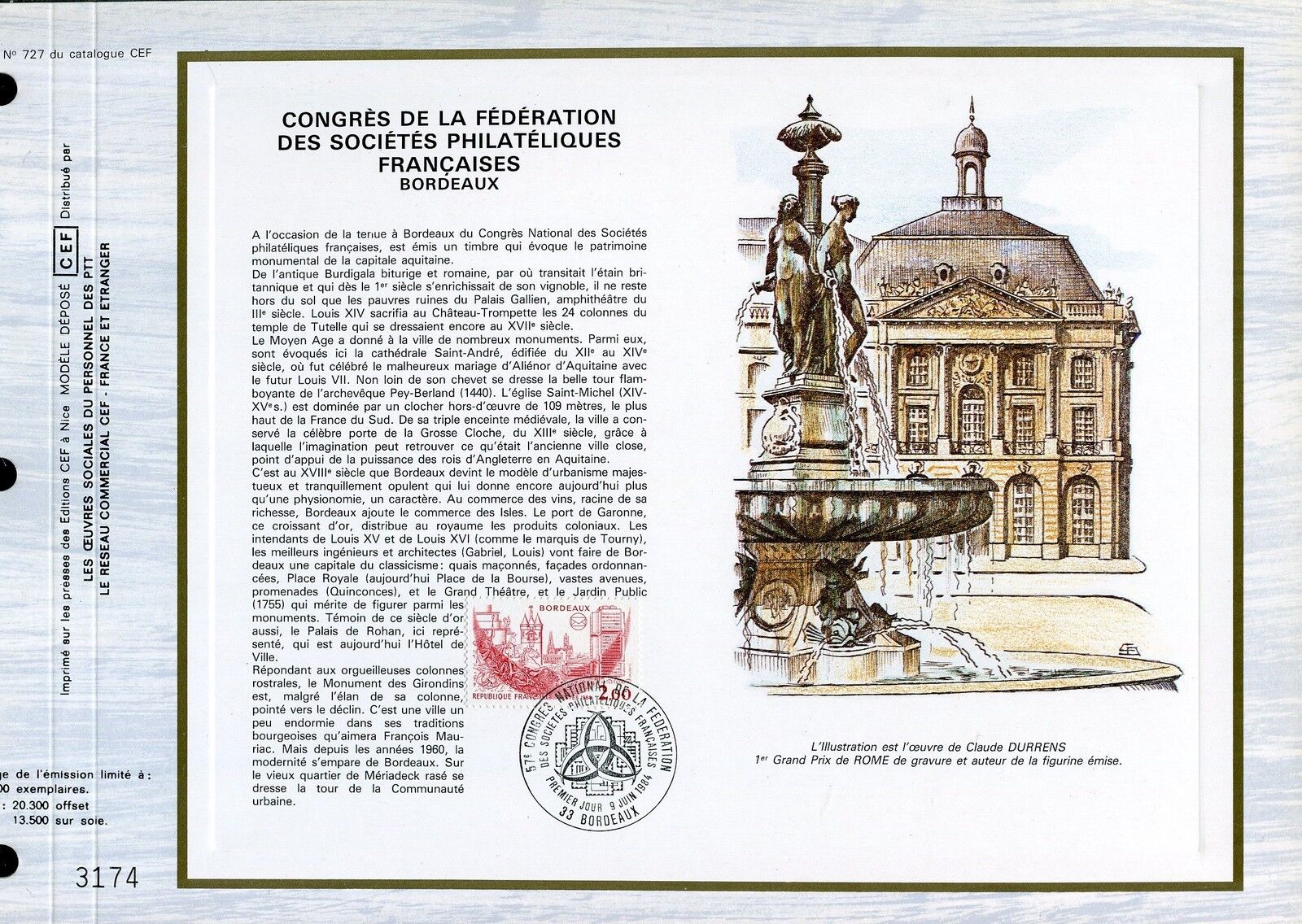 DOCUMENT CEF PREMIER JOUR 1984 TIMBRE N 2316 BORDEAUX 121470211339