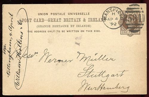 ENTIER POSTALE GREAT BRITAIN ET IRLANDE MANSFIELD 1892 120683808209