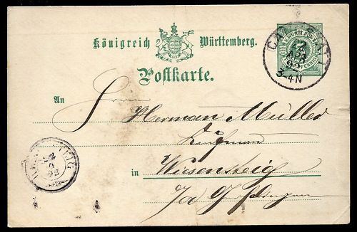 ENTIER POSTALE WURTTEMBERG 1892 120685005019