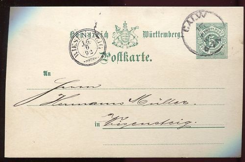 ENTIER POSTALE WURTTEMBERG CALVV 1892 110649200079