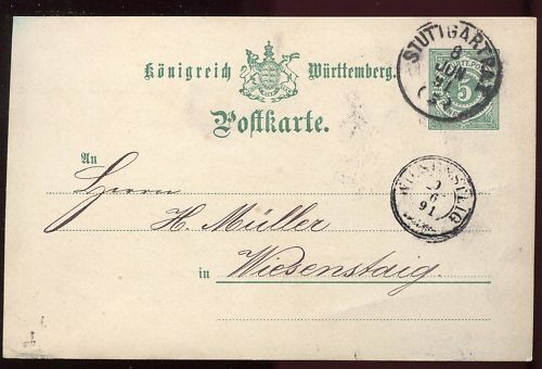 ENTIER POSTALE WURTTEMBERG STUTTGART 1891 110649200919