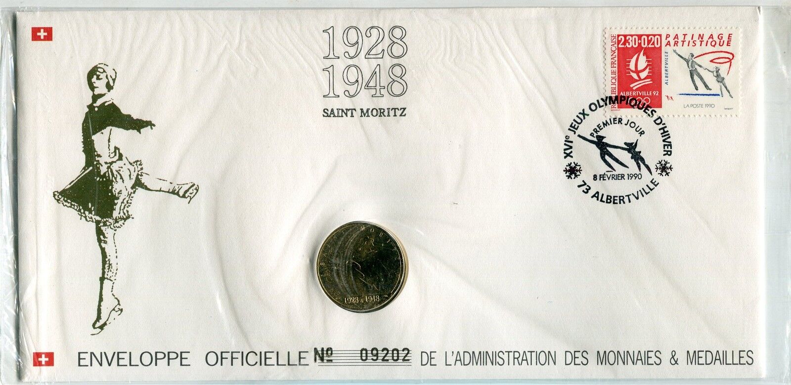 ENVELOPPE OFFICIELLE MONNAIE DE PARIS JO 1992 ALBERTVILLE 1928 48 SAINT MORITZ 401548468399