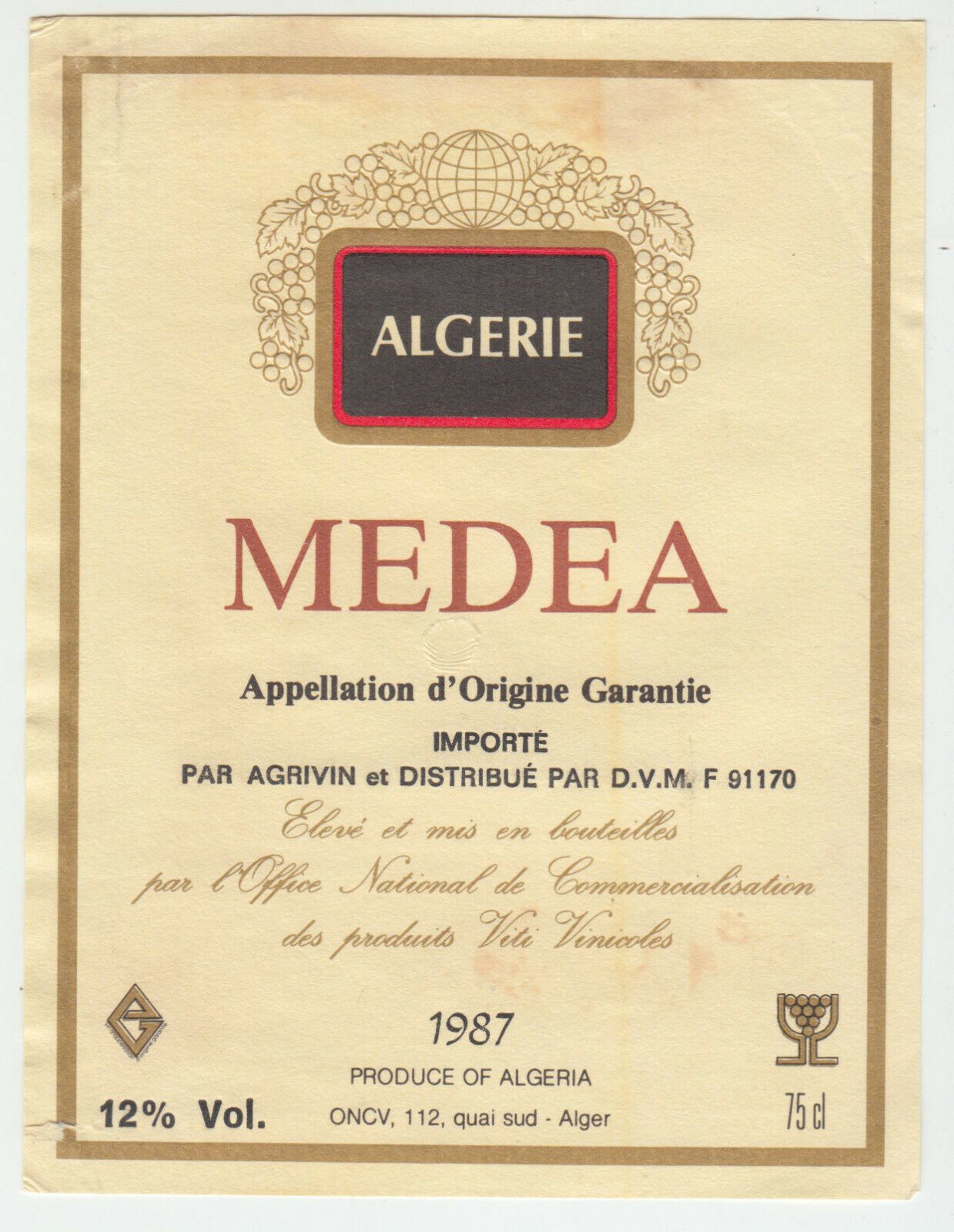 ETIQUETTE DE VIN ALGERIE MEDEA 1987 APPELLATION D ORIGINE GARANTIE 124438225759