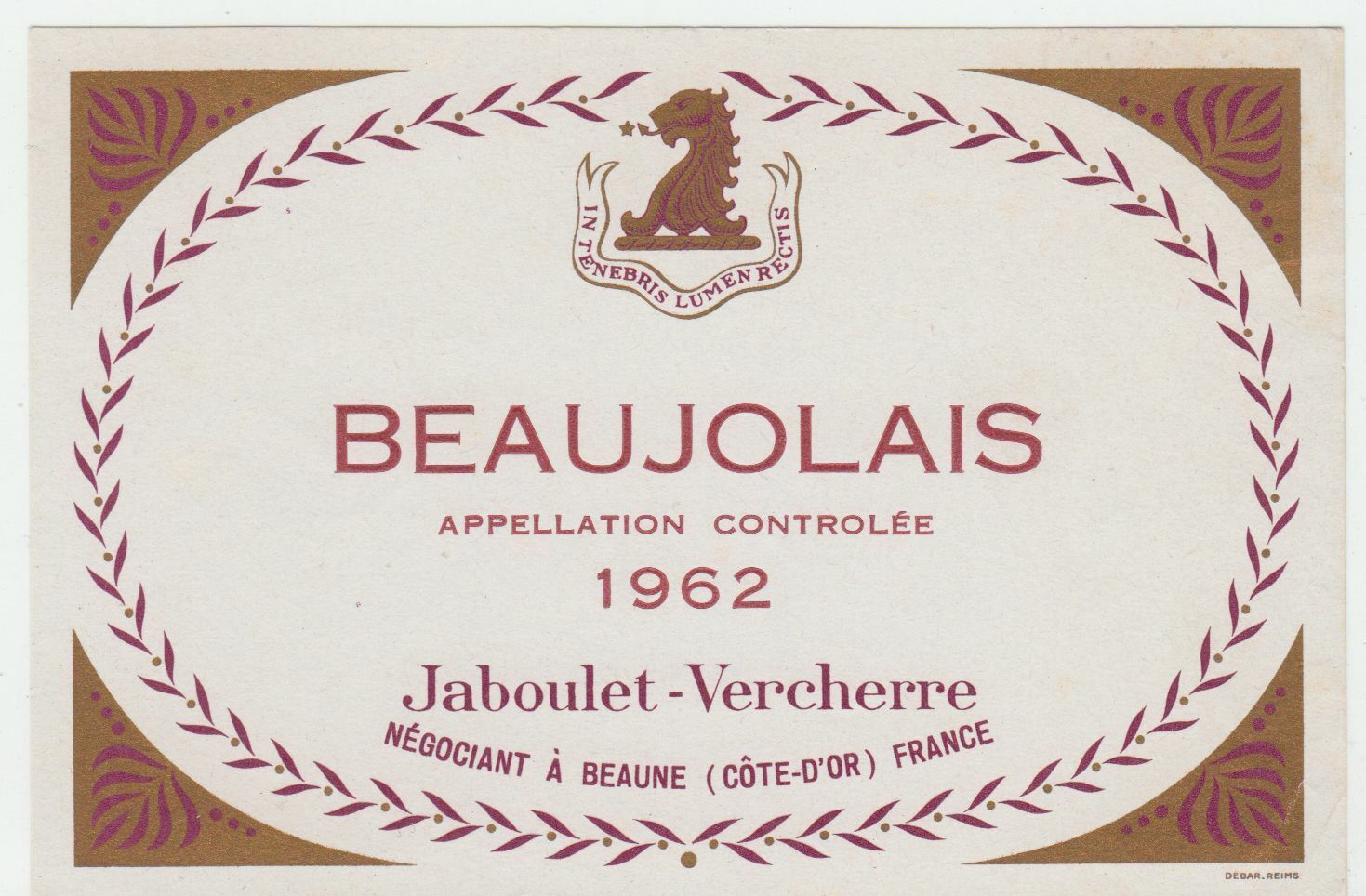 ETIQUETTE DE VIN BEAUJOLAIS 1962 JALOUBET VERCHERRE 124576538569