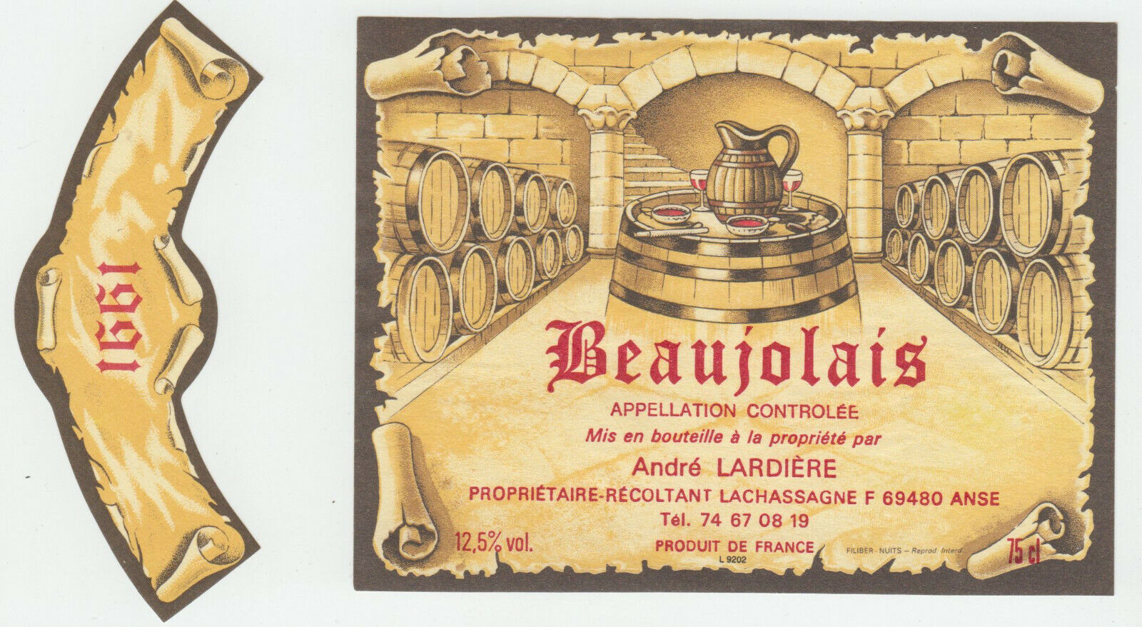 ETIQUETTE DE VIN BEAUJOLAIS 1991 ANDRE LARDIERE LACHASSAGNE 124576538629