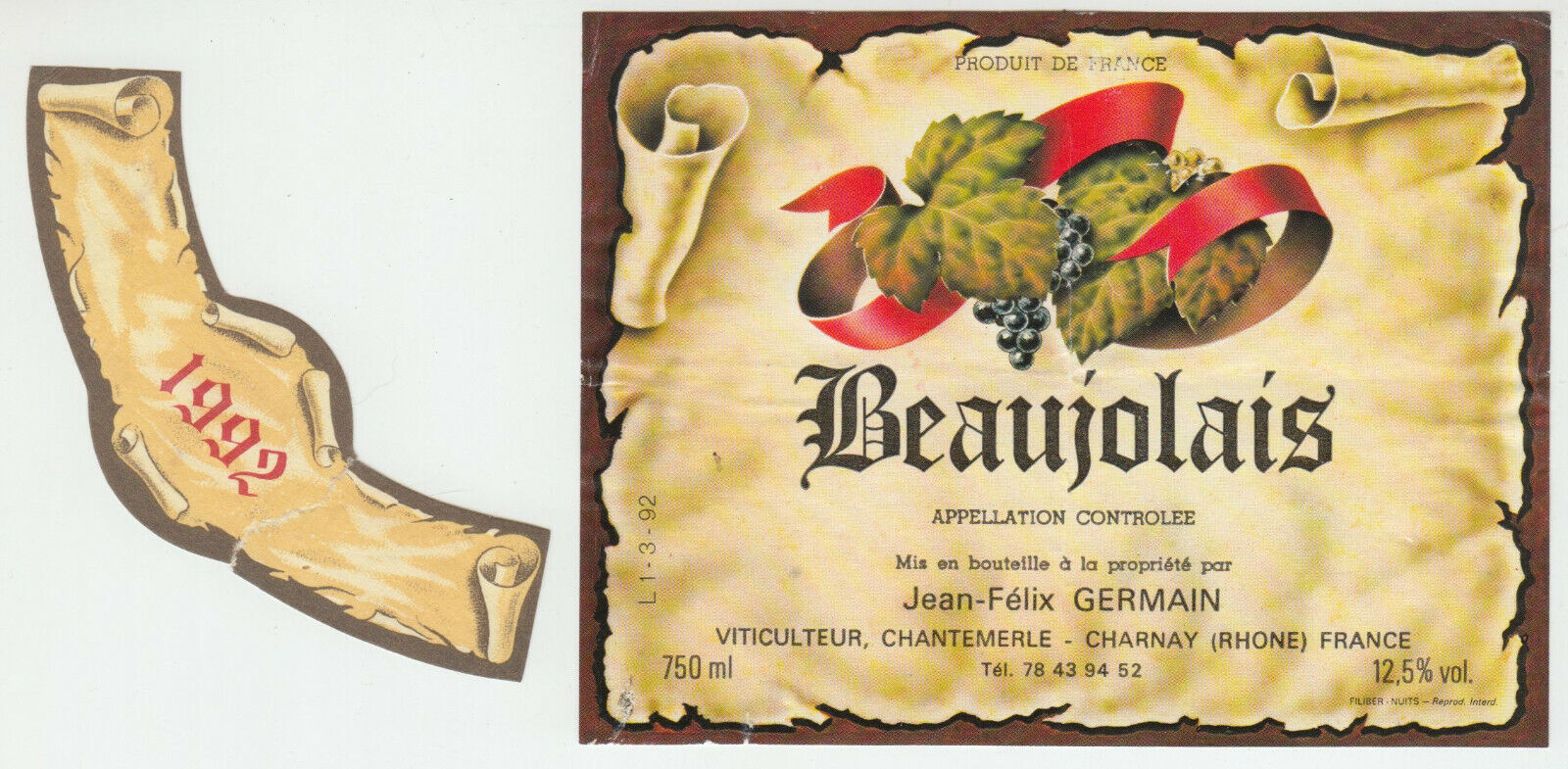 ETIQUETTE DE VIN BEAUJOLAIS 1992 JEAN FELIX GERMAIN CHANTEMERLE 124576538609