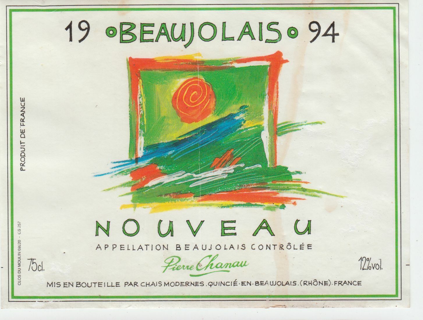 ETIQUETTE DE VIN BEAUJOLAIS NOUVEAU 1994 PIERRE CHANAU 402695573019