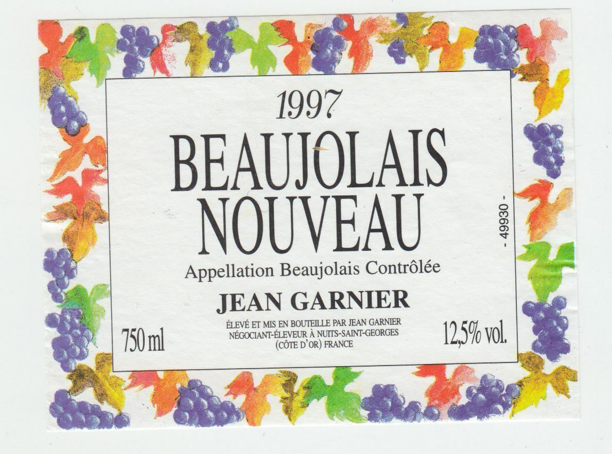 ETIQUETTE DE VIN BEAUJOLAIS NOUVEAU 1997 JEAN GARNIER 124576538589