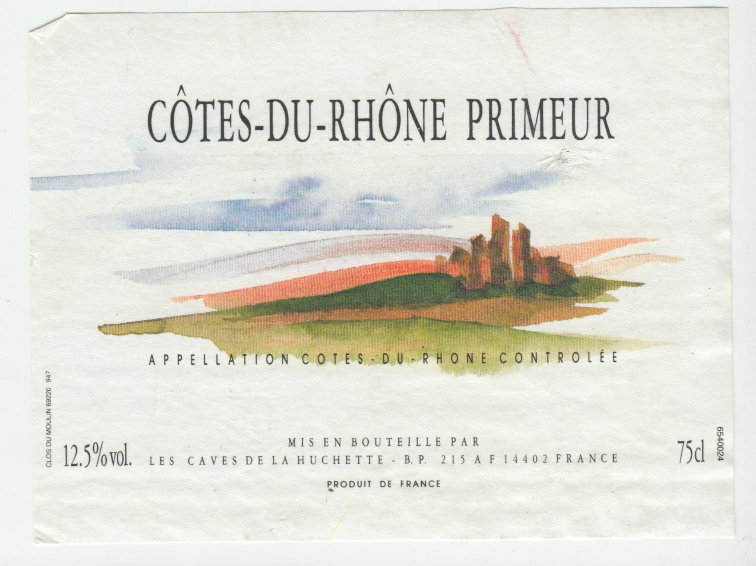 ETIQUETTE DE VIN BONS COTES DU RHONE PRIMEUR CAVE DE LA HUCHETTE 402581825549