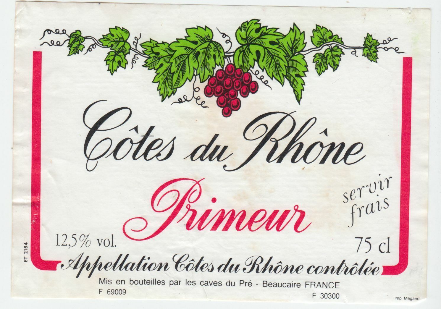 ETIQUETTE DE VIN BONS COTES DU RHONE PRIMEUR CAVE DU PRE 124461947809