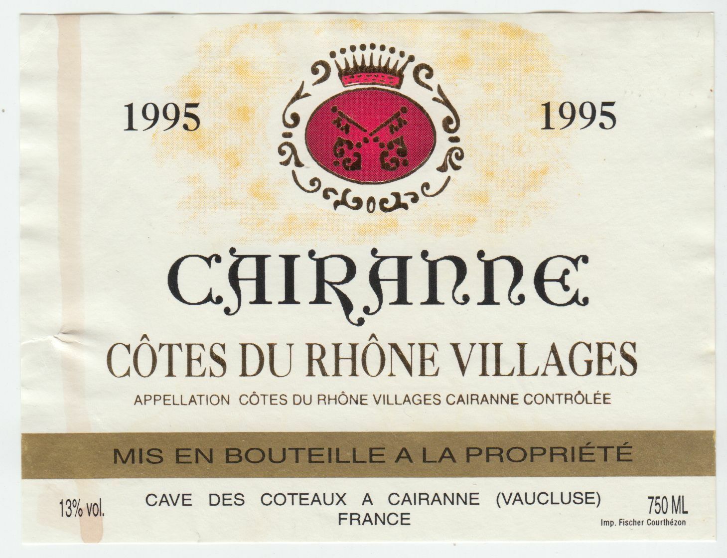 ETIQUETTE DE VIN BONS COTES DU RHONE VILLAGE 1995 CAIRANNE 402581825529