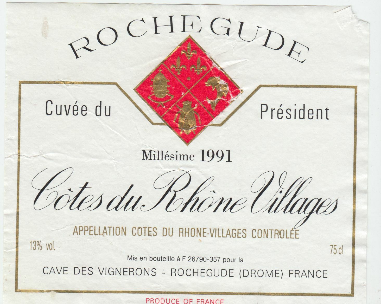 ETIQUETTE DE VIN BONS COTES DU RHONE VILLAGES 1991 ROCHEGUDE 124461947799